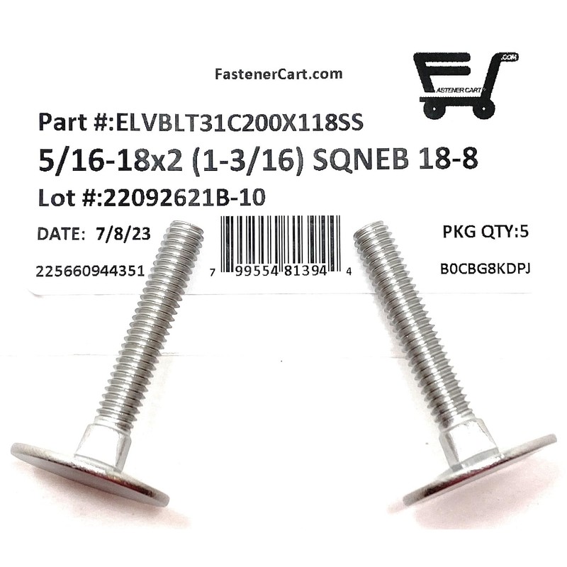 (5) 5/16-18x2 Stainless Steel Elevator Bolt Square Neck (1-3/16 Diameter