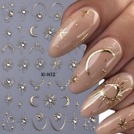 Gold Star Nail Stickers for Nail Art 5D Embossed Gold Nail Decals Moon Star Nail Art Stickers Glitter Rhinestone Nail Art Design Gold Star Nail Supplies for Women Girls DIY Manicure Decoration
