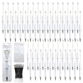 DASTTUIS 300 Pieces DIY Beadable Pens Kit - 100 plastic Beadable Pens Bulk, Refills & pen bags Included - Beaded Pens Black Ink Ballpoint Cute Pens for Students Teacher（White）