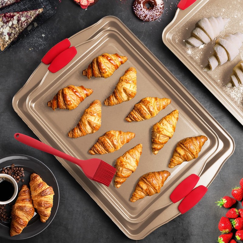 Baking Sheet Set, 3-Piece Cookie Sheet Set with Silicone Handles,