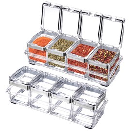 2 Set Acrylic Seasoning Organizer Box 8 Pieces Clear Seasoning Box Storage Container Condiment Jars with Lids and Spoon Kitchen Organization Containers for Spice, Sugar, Salt, Sugar, Cardamon