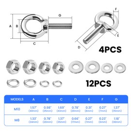 Pack of 4 Eye Bolts M8 M10 Eye Bolt Stainless Steel 304 Eye Bolt for Roll of Fixing and Hanging, Ring Bolts with Nuts and Washers