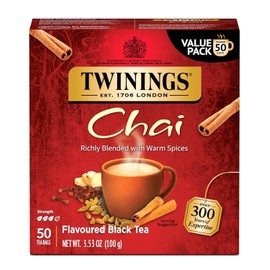 Twinings Chai Black Tea Individually Wrapped Bags, Sweet, Savoury Spices, Caffeinated, Enjoy Hot or Iced - 50 Count