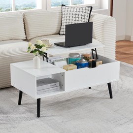 39" Coffee Table, Wood Lift Top Coffee Tables for Living Room with Storage Shelf and Hidden Compartment, White