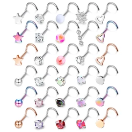 MILACOLATO 30Pcs Hypoallergenic Nose Rings Studs 316L Stainless Steel Nose Piercings Jewelry Straight L Shaped Corkscrew Nose Ring Studs Cubic Zirconia Opal Nose Studs for Women Men 20G Screw