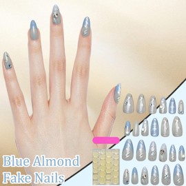 Press on Nails Light Blue | 24-Piece Cute Blue Almond Fake Nails,Removable Glue on False Accessories, Artificial Homemade Fingertip for Birthdays, Christmas