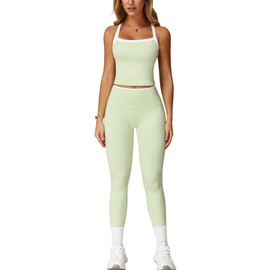 ABOCIW Workout Sets for Women 2 Piece Color Block Longline Sports Bra High Waist Leggings Gym Set Yoga Pilates Outfits Active Wear White Trim Light Green Large