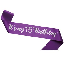 Its My 15th Birthday Sash, Birthday Girl Sash for Boy Birthday Gifts Party Decorations and Supplies, Purple with Silver