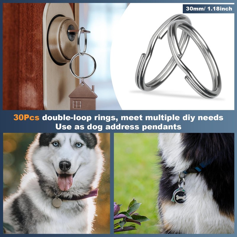 HUSAIHU 30Pcs Key Ring Hoops (30mm), Round Silver Key Rings,