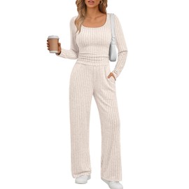 LILLUSORY Womens Lounge Sets 2 Piece Outfits Long Sleeve Two Piece Pajamas Ribbed Knit Fall 2025 Outfits Casual Clothes Apricot L