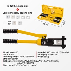 LFGUD 12T Hydraulic Crimping Tool 8AWG-250MCM Battery Cable Crimping Tool 0.55 inch Stroke Hydraulic Lug Crimper Electrical Terminal Crimper with 8 Pairs of Die Sets