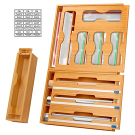 comfoyar 9 in 1 Bamboo Storage Bag Organizer with Slider for Kitchen Drawer, Foil and Plastic Wrap Organizer with Cutter, Food Bag Storage Dispenser for Gallon Quart Sandwich Snack Bag 12" Roll