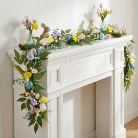 Valery Madelyn 6ft Lighted Easter Garland for Mantle, Pre-lit Spring Flower Garland with Pastel Egg & Daisy Flower, Artificial Eucalyptus Greenery Farmhouse Decor for Home Table Porch Stairs Indoor