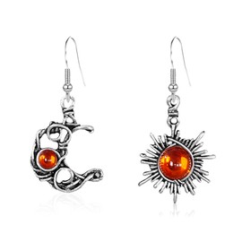 Vintage Boho Opal Sun and Moon Drop Dangle Earrings Moonstone Natural Stone Hook Bohemian for Women Asymmetrical Antiqued Silver Celestial Jewelry (Brown)