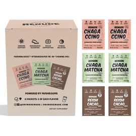 Renude Variety Pack - Mushroom Matcha, Coffee & Hot Chocolate, Cacao Powder, Natural Vegan Superfoods, Coffee Alternative with Chaga & Reishi - 2 Chagaccino, 2 Chaga Matcha, 2 Reishi Cacao (6 Count)