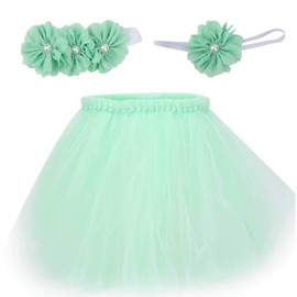Newborn Photography Props, Soft Fluffy Tutu Skirt, Flower Headband, Wrapped Chest Set, Baby Photo Shoot Outfits for Little Girls (Mint Green)