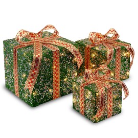 National Tree Company Pre-lit Artificial Christmas Décor 3-Piece Set | Includes Pre-strung White Lights | Sisal Gift Boxes