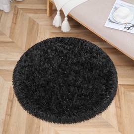 Fixseed Black Area Rugs 3 Ft Small Fluffy Rug for Bedroom Shaggy Round Circle Rug, Soft Furry Carpet for Teen's Room Aesthetic Décor Circular Rug for Baby Nursery Dorm Living Room Playroom Home Decor