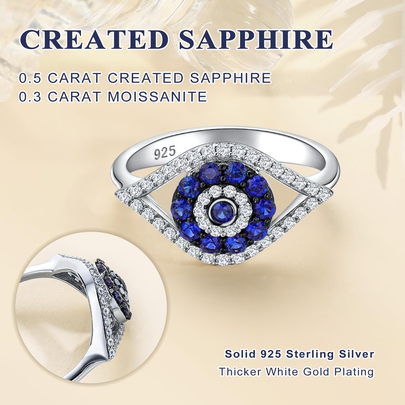 DAYBYDAY 925 Sterling Silver Evil Eye Ring Moissanite Sapphire Spiritual
