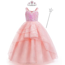 keaiyouhuo Girls Pink Bubble Costume for Kids Pink Witch Tulle Dress Princess Sequins Outfits with Accessories