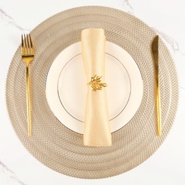 Round Placemats Set of 6, Gold Hollow Out Place Mats for Dining Table Pressed Vinyl Table Mats Washable Heat Resistant Table Placemats for Dinner Wedding Party Table Decor