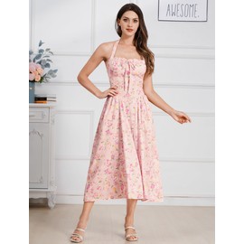 Floral Bustier Corset Dress Midi Long Dress Low Cut Halter Dresses Open Back Summer Dress Backless Corset Sundress Floral Y2K Dress Wedding Guest Dresses Casual Milkmaid Dress Pink Floral M