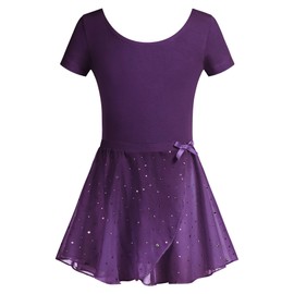 Arshiner Children's Ballet Clothing 3-11 Years Girls Two Piece Ballet Dress Short Sleeve Long Sleeve Ballet Suit Glitter Dance Dress Cotton Ballet Jersey with Chiffon Skirt Tutu, Purple