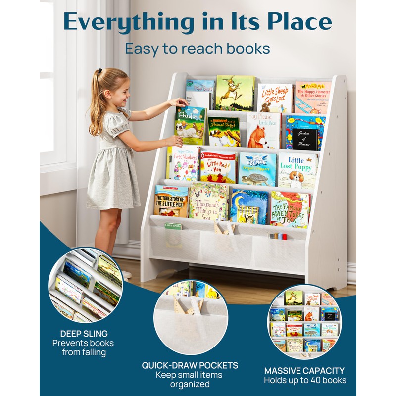 SEIRIONE Sturdy Kids Bookshelf, Children Display Rack, 4 Sling and