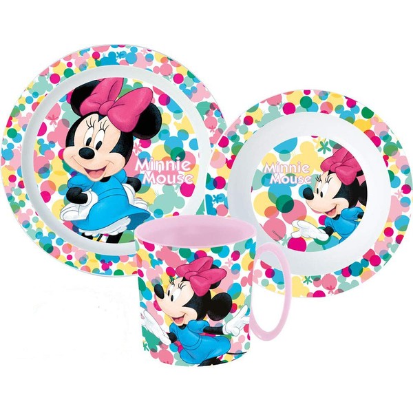 Children's Crockery Set with Plate, Cereal Bowl and Drinking Cup with Cutlery (Reusable) Compatible with Minnie Mouse