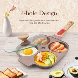 RANXINGST Ceramic Egg Frying Pan with Lid, Nonstick 4 Cup Fried Egg Pan with Detachable Handle, Omelette Pan Induction Compatible - Brown