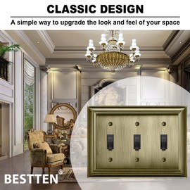 [10 Pack] BESTTEN Aged Brass Metal Toggle Switch Wall Plate, 3 Gang Zinc Alloy Grand Collection Antique Brass Light Switch Cover, Corrosion Resistant