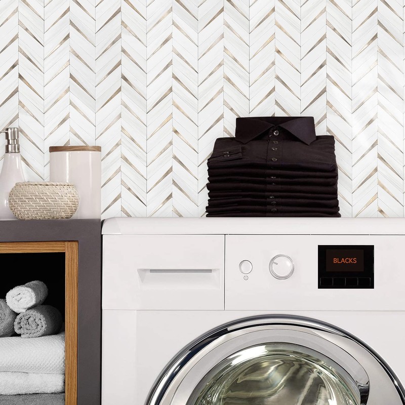 STICKGOO 10-Sheet Herringbone Tile Peel and Stick Backsplash, Dolomite White