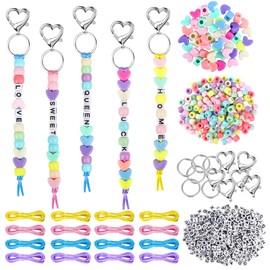 HIKIMA 574Pcs DIY Bead Keychain Kit, Letter Heart Shape Beads Key Ring Bag Charm Bracelet Supplies, Key Ring Accessories for Party Favor