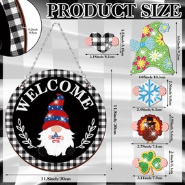 Qunclay 31 Pcs Diamond Painting Magnetic Interchangeable Gnome Sign DIY Holiday Seasonal Gnome Wooden Welcome Hanging Front Door Home Party Wreath Decoration with Magnet Detachable Hat and Hand