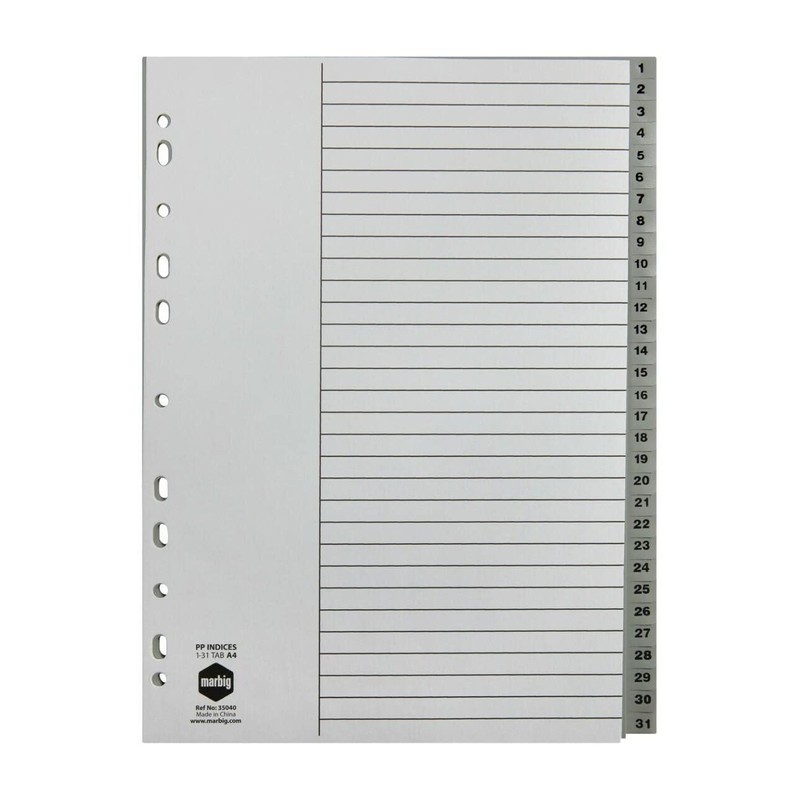 Marbig Indices & Dividers 1-31 Tab Pp A4 Grey