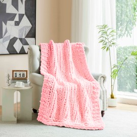 clootess Chunky Knit Blanket Knitted Throw Crochet Chenille Yarn Woven for Bed Sofa Textured Thick Cable Decor (Pink 40x60 in)