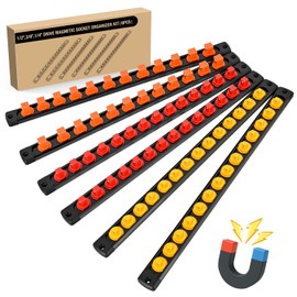 GOOACC Magnetic Socket Organizer 1/4" 3/8" 1/2" Socket Holder Set Heavy Duty Aluminum Socket Rail Organizers for Tool Box Drawer, 6 Pieces Magnetic Socket Rails Holds 80 Swivel Clips Orange Red Yellow