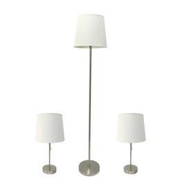 Litex Industries: Traditional Table 3 Piece Floor and Table Lamp Set in Brushed Nickel Metal & White UNO Shade