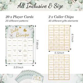 Runmeihe Baby Shower Bingo Game Eucalyptus Foliage Edition, 20 Players Baby Bingo Cards for Kids Baby Shower, Reveal Party Games Favors Supplies Decorations Souvenirs Gifts