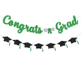 Glitter Green Congrats Grad Decorations Banner Pre-Strung Graduation Decorations Class of 2024 Banner Green and Black Congrats Grad with Tassel Decor College High School Graduation Party Favors no DIY