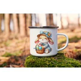 MAXIKIWI Langlebige Emaille-Kaffee- oder Tee-Camping-Tasse für drinnen und draußen, Osterhasen-Motiv, 3 - 350 ml