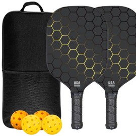 Generic Premium Pickleball Paddles Set of 2 Rackets with 4 Balls and Bag for Power, Control and Spin, Hexagon (Black), Black/Gold