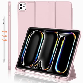 iMieet iMieet for iPad Pro 11 Inch Case M4 2024 (5th Generation) with Pencil Holder, [Support Pencil Pro and Pencil (USB-C)], Trifold Stand Smart Case with Soft TPU Back, Auto Wake/Sleep (Pink)