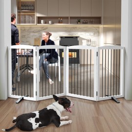 ZJSF Freestanding Panel Dog Gate for Indoor, Doorways,Stairs, or Hallways,Foldable Wooden White Dog Gates for House,Pet Gate for Dogs,Dog Fence, Puppy Gate,Support Feet Included,32 "Height-4 Panels