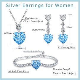 Glintara Silver Jewellery Set for Women, 925 Sterling Silver Heart Necklace Earrings Bracelet Set with Aquamarine Zirconia, 3 PCS Jewelry Set - Love Necklace 45cm & Silver Drop Earrings & Bracelet Set