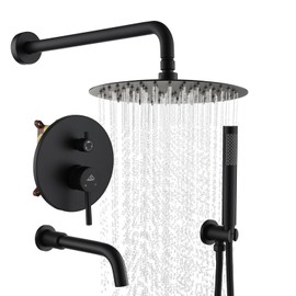 CASAINC Shower Faucets Sets Complete, 10" Round 3 Functions Rain Shower Head with Handheld Spray and Bathtub Spout Wall Mounted Shower System (Matte Black)