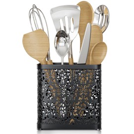 MESHDO Kitchen Utensil Holder for Countertop, 6" x 6" x 5.5" Larger Utensil Holder for Kitchen Counter Vintage Cooking Utensil Organizer for Spatula Paring Knives Spoon - Black, Square