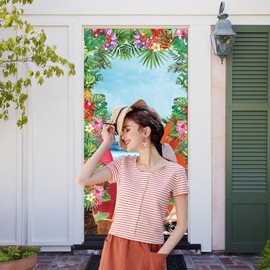 CGXINS 72.8 x35.4in Summer Beach Themed Party Banner Palm Leaf Flowers Edge Pattern Door Cover Sea Wave Surfboard Lobby Banner Decor Supplies Tropical Plants Outdoor Door Banner Decor Props