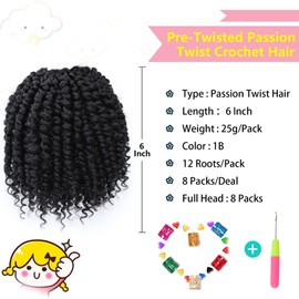 Fulcrum Passion Twist Hair 6 Inch, 8 Packs Passion Twist Crochet Hair for Black Women, Prelooped Crochet Twist Hair with Curly Ends (6Inch, 1B#)