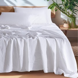 SONORO KATE 100% French Pure Linen Sheets, Breathable and Durable Line Full Size Sheets, Anti-Tear Line Bed Sheets, Machine Washable, 16 Inch Deep Pocket - 4 Piece (White, Full)
